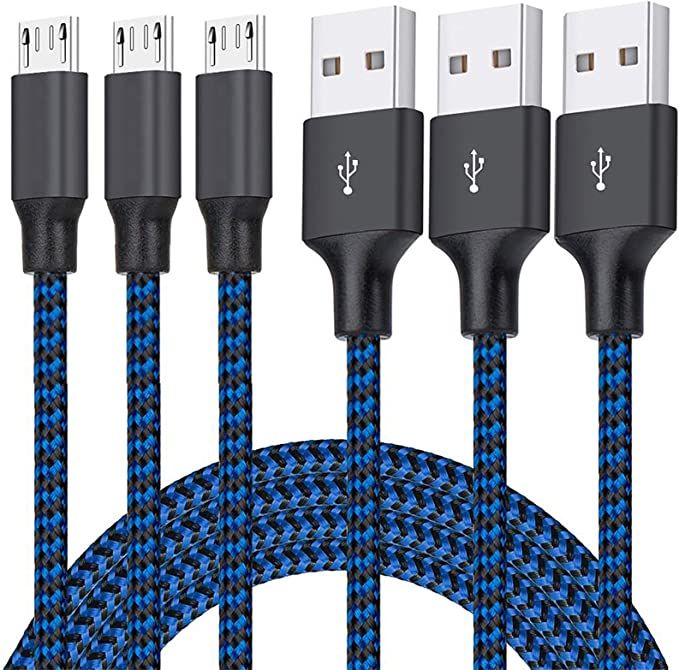 Three micro-USB cords with blue and black braided cords. 