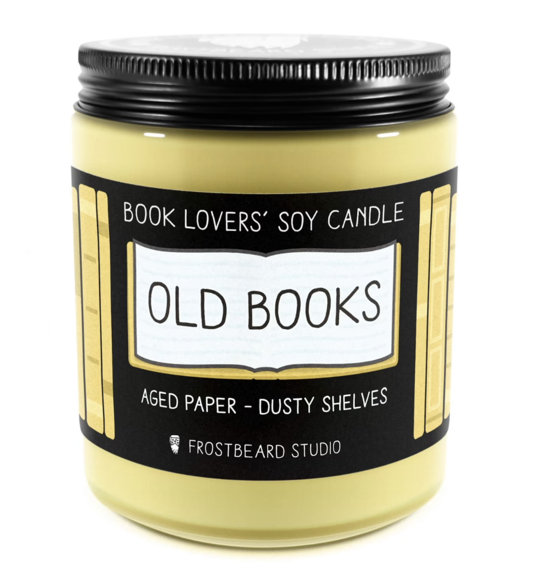 A yellow candle in a clear glass jar with a black lid and a label that says "OLD BOOKS".