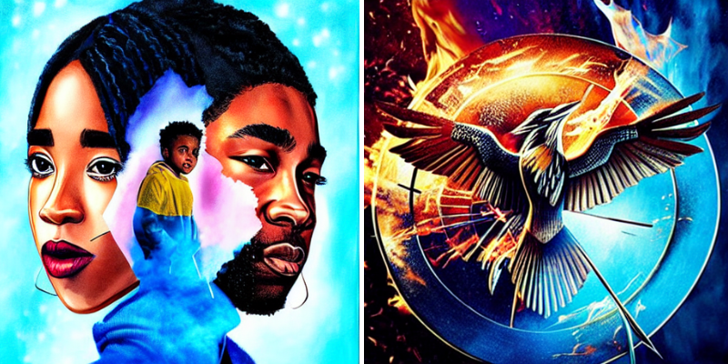 Two AI-generated covers. The first shows two profiles of a Black man and woman, with a Black child between them. The second shows a metallic bird in a circle