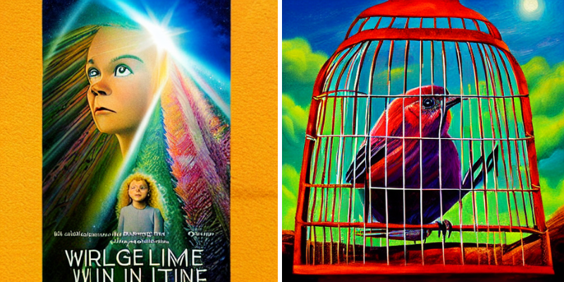 Two AI-generated images. The first is a very creepy image of two children's faces, distorted, with a beam of light and the text "Wirlge Lime Wiin in Itine". The other shows a red bird in a cage.