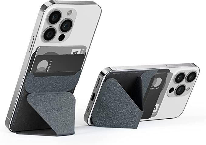 A charcoal grey phone stand that attaches to the back of a cell phone case and forms a triangle to lean the phone on. Also has pockets for credit cards/id, etc. 