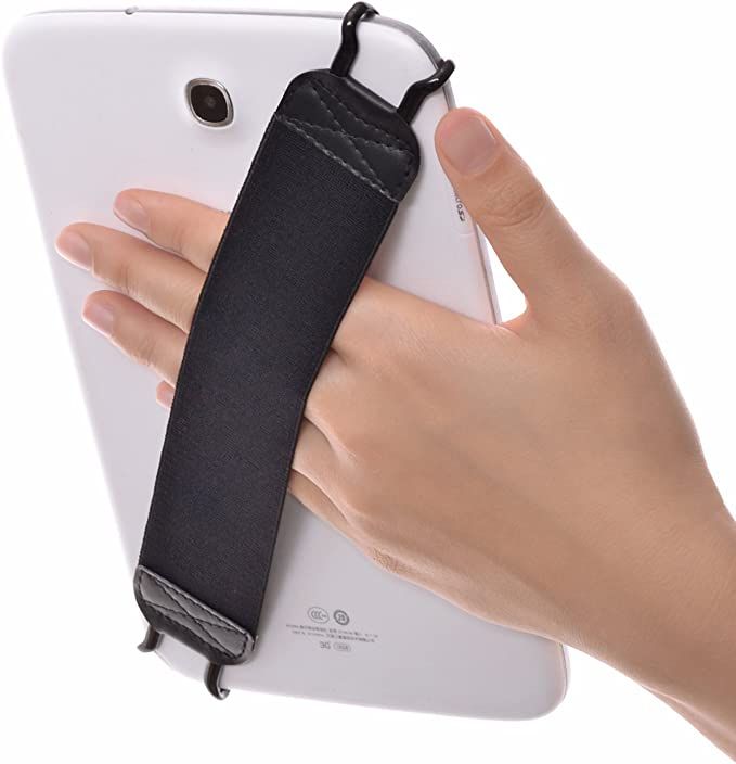 A black elastic strap with hooks on either end to hold it to your tablet for easy holding. 