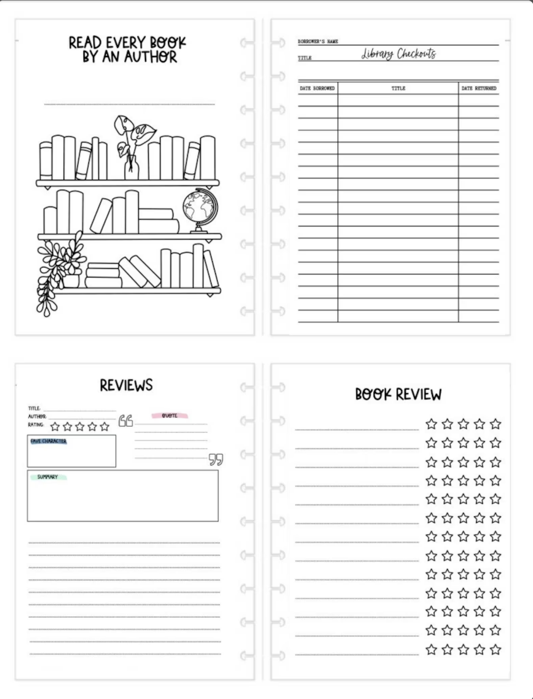four sample pages of the 2023 book journal which includes an illustration of a book shelf, a library checkout list, and two review pages