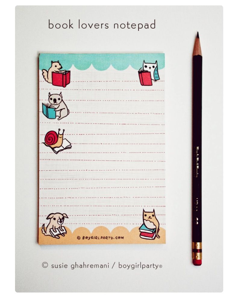 Image of a notepad with cute animals reading books.