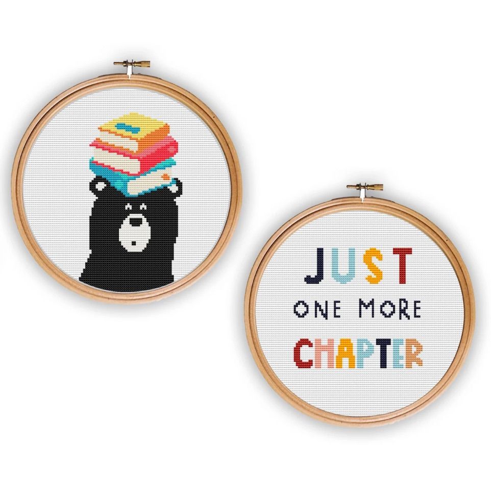 image of two bookish cross stitches. One is a bear with books on its head and the other says "just one more chapter."