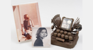 two photos of Joan Didion and a small folk art typewriter