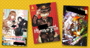 three manga covers with a word from the title blacked out
