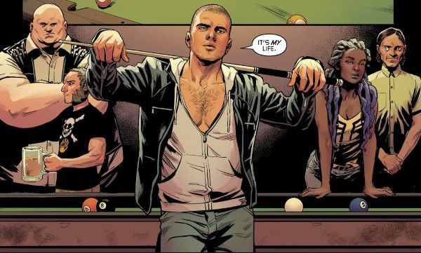 One panel from Nightwing #50. Dick (or "Ric") is leaning against a pool table with a pool cue across his shoulders and his hands draped over it. He is wearing a black jacket open over a gray hoodie that has been unzipped halfway to show his bare chest. His hair is buzzed short.
Dick: It's my life.