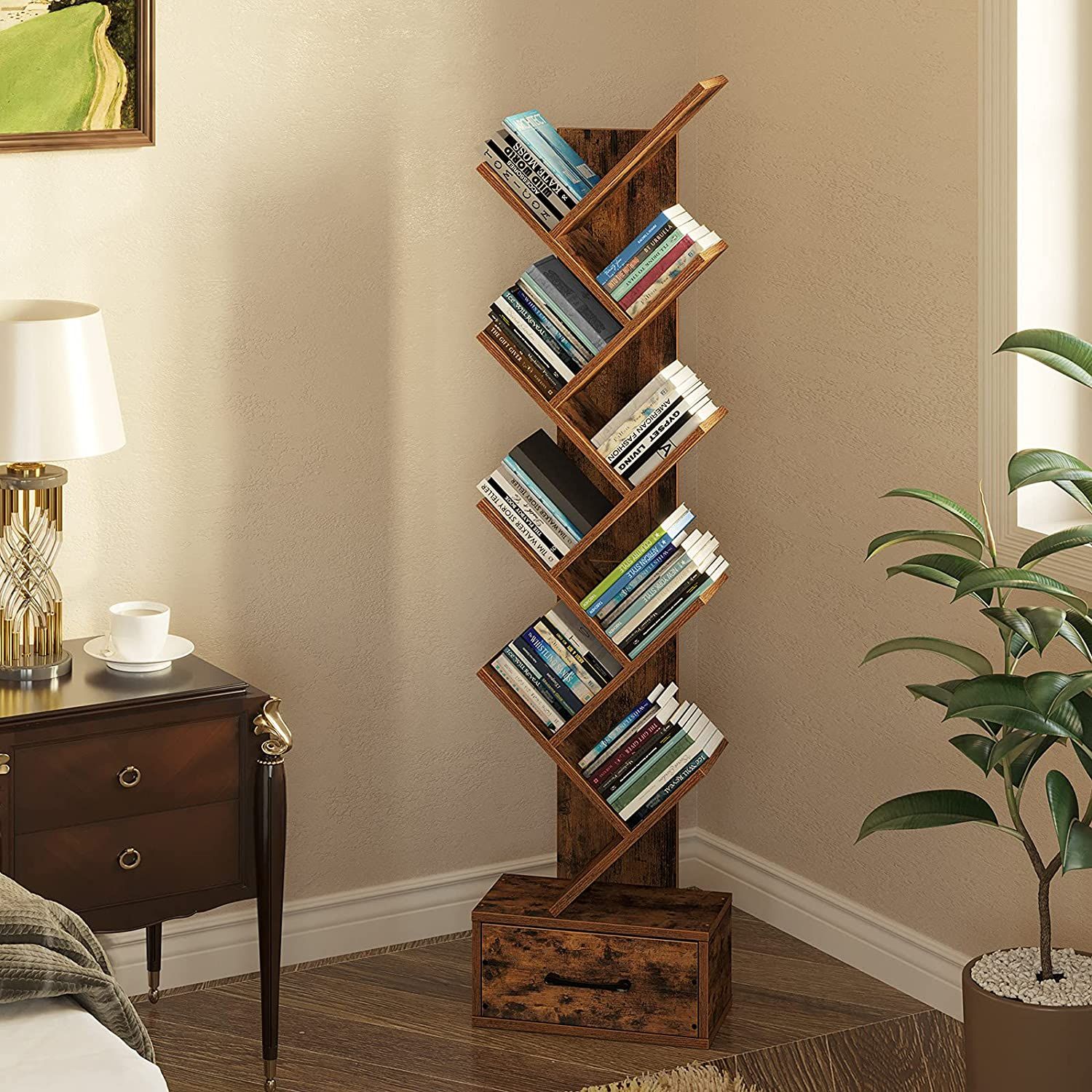 tree style bookcase full of books