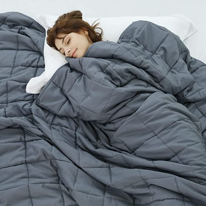 a photo of a gray weighted blanket