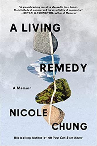 cover of A Living Remedy: A Memoir by Nicole Chung; image of four rocks balance on each other, with different elements in them