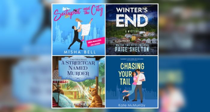 Audiobook covers for Sextuplet in the City by Misha Bell, Winter’s End by Paige Shelton, A Streetcar Name Murder by TG Herron, and Chasing Your Tail by Kate McMurray