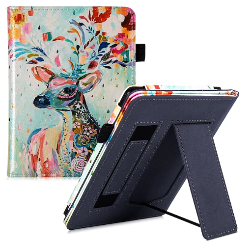 A tablet cover with a stylized, colorful deer motif. The cover opens to form a stand for reading. 