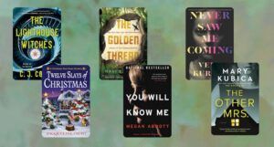 collage of six covers of mystery, thriller, and true crime ebooks on sale