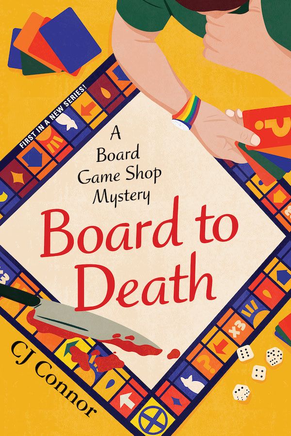 cover of Board to Death: A Board Game Mystery by CJ Connor, showing a graphic of a board game with a bloody knife on it's surface