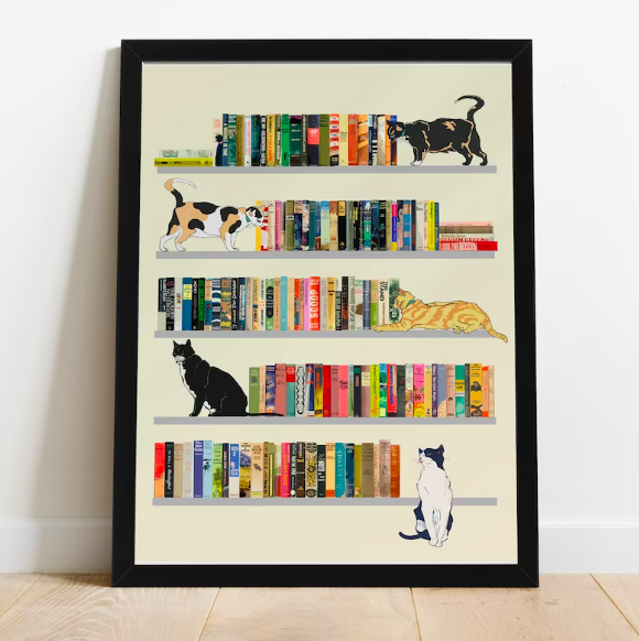 An art print poster of a bookshelf with four cats sitting on different shelves
