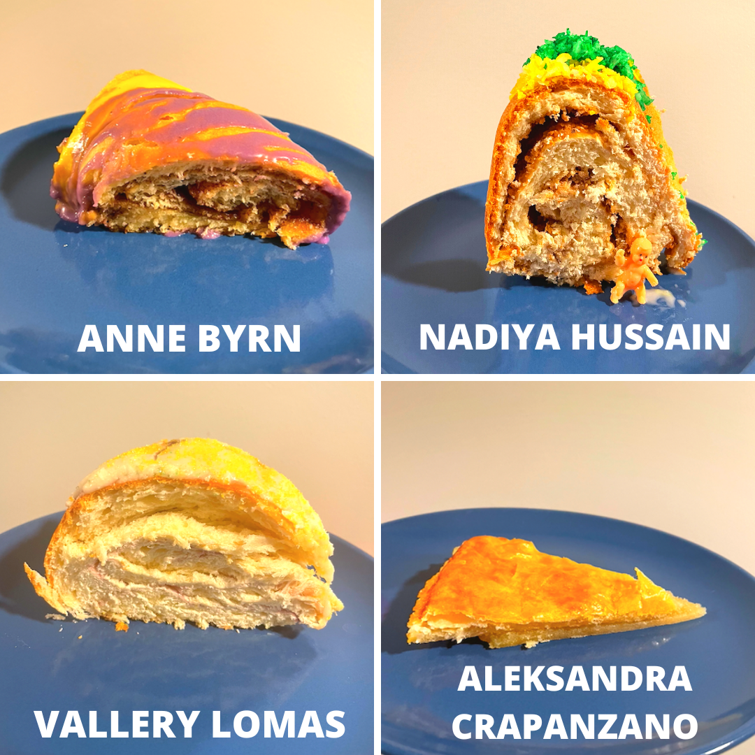 Four images edited together with individual slices of different king cakes and the cookbook authors' names by each