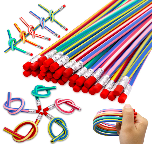 Image of a stack of rubbery flexible pencils in various colors. Some of the pencils are tied in knots.