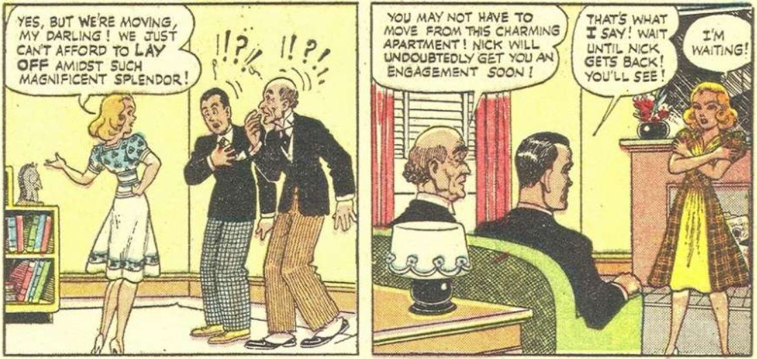 Two panels: in the first, Winnie wears a blue dress while saying they must sell their apartment. In the second, she wears plaid as her husband and friend convince her to wait until their manager returns.