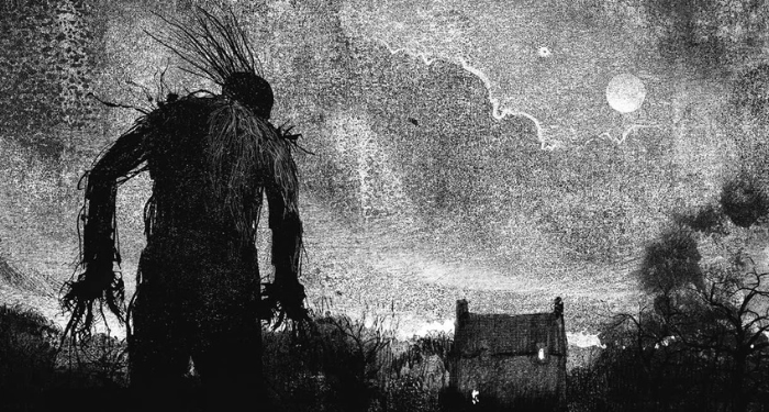 a cropped cover of A Monster Calls, showing a black and white illustration of the silhouette a monstrous humanoid figure walking towards a house at night