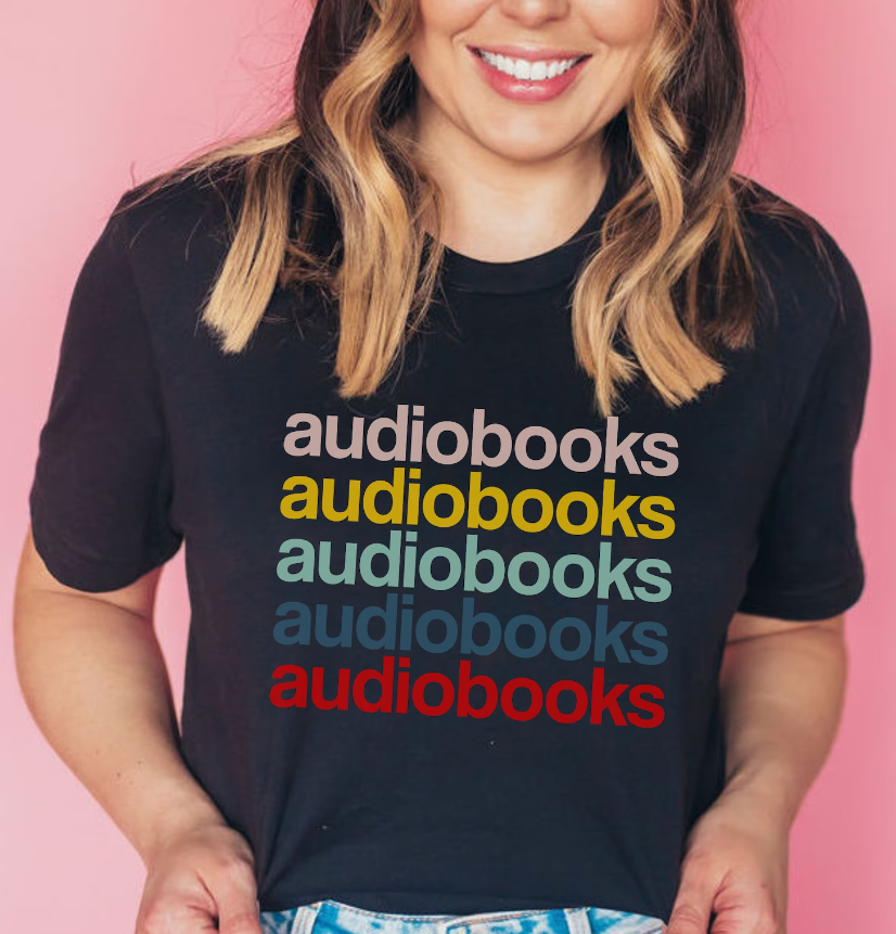 picture of shirt that reads audiobook several times