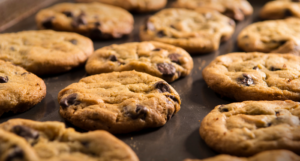 a photo of a tray of chocolate chip cookies