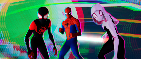 Miles Morales, Peter Parker, and Spider-Gwen in still frame from SPIDER-MAN: INTO THE SPIDER-VERSE.