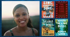 collage of four books by Jesymn Ward next to an image of the author