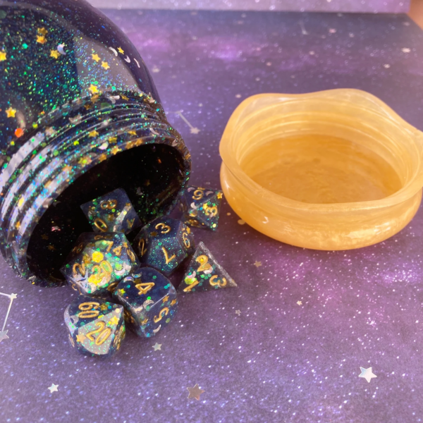 galaxy themed rolling jar and dice for dnd