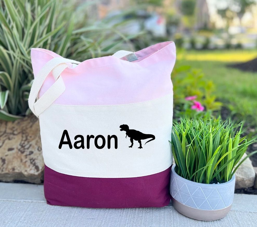 Image of a canvas tote bag. It has two shades of pink and says "Aaron" with a dinosaur next to it. 