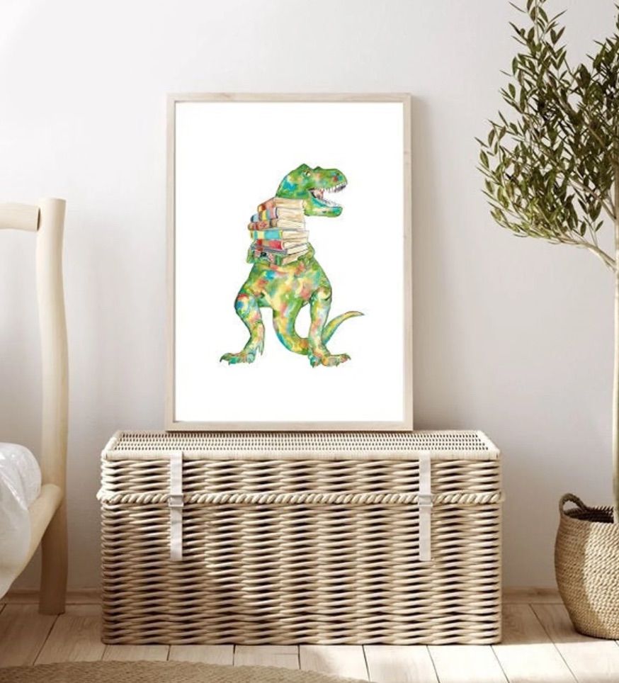 Image of a watercolor featuring a dinosaur with books.