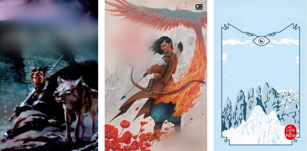 three international covers of fantasy books with text blurred out