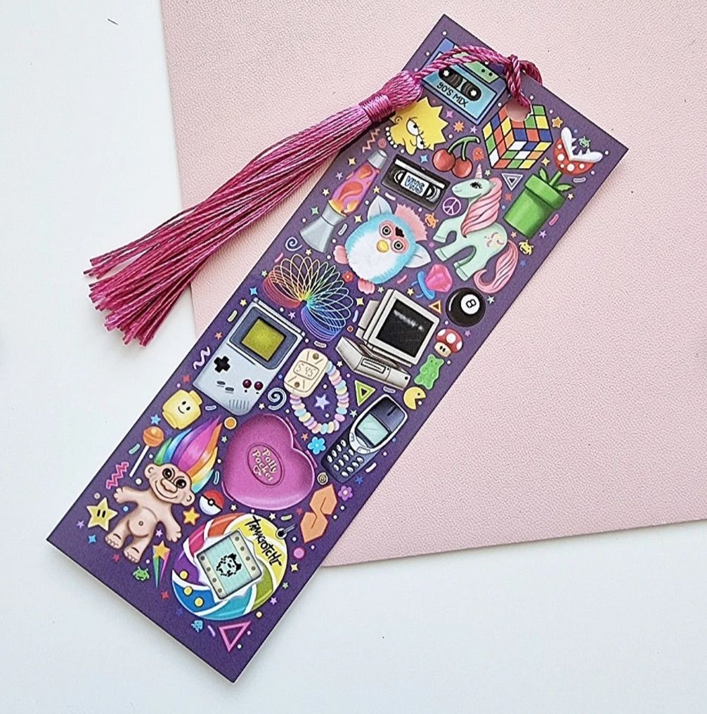 Image of a colorful bookmark featuring all kinds of 90s goods.