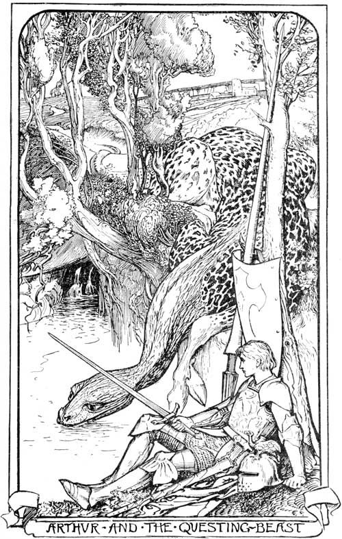 image of arthur and the questing beast from the 20th century, shows the questing beast dropping his snake's head down to a pond to drink while Arthur looks on from beneath a tree