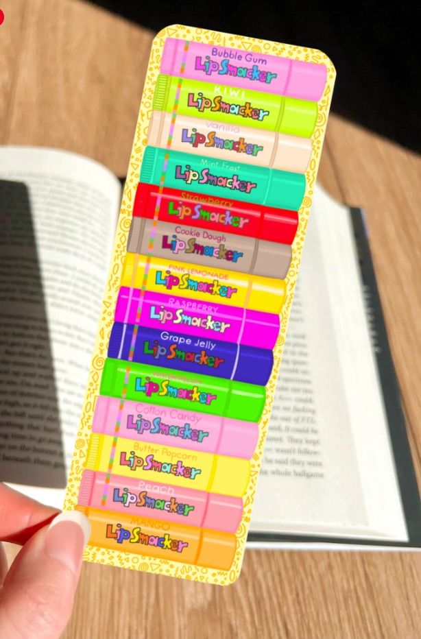 Image of a bookmark with various Lipsmackers on it. 