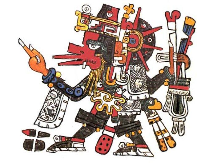 ed, green, and white image of Quetzalcóatl, wearing a snake headdress and wings coming off his arms