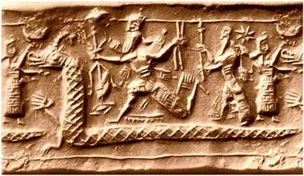 Neo-Assyrian cylinder seal depicting the death of Tiamat