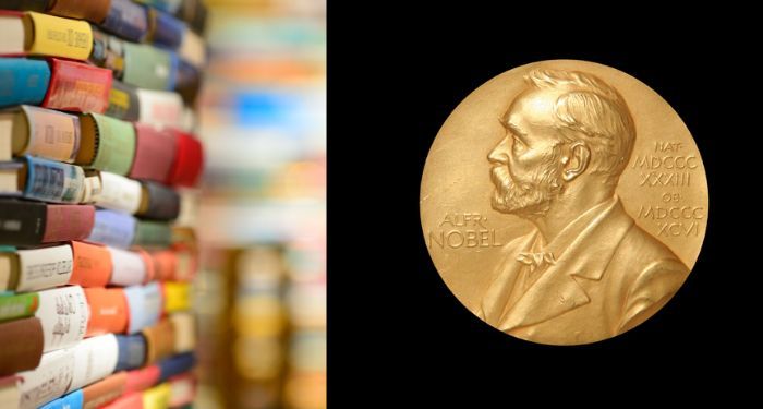 Image of Nobel prize beside a book stack