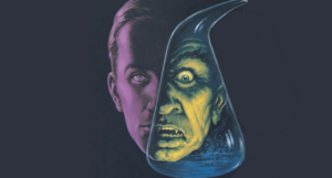 an illustration from a Jekyll and Hyde book cover, showing a face distorted into a monstrous one by a beaker