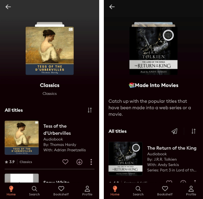 two Storytel screenshots. One shows the Storytel Classics page, showing a Tess of d'Ubervilles audiobook. The other shows the Made Into Movies list, showing a Lord of the Rings audiobook.
