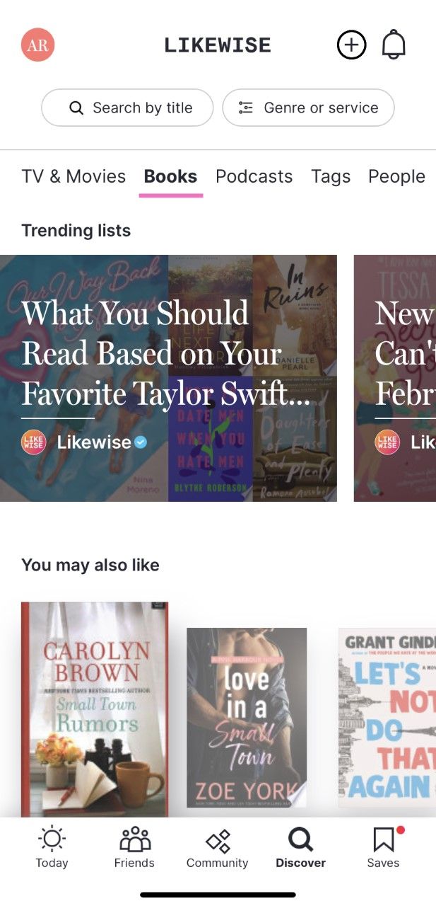 A screenshot of the discover tab on the Likewise App with a list titled What You Should Read Based On Your Favorite Taylor Swift...
