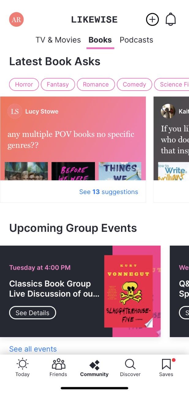 A screenshot of the community tab on the Likewise App, showing Latest Book Asks and Upcoming Group Events