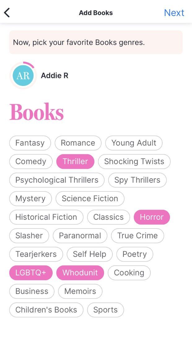 A screenshot of Likewise with bubbles of genres to select