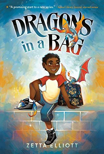 cover of Dragons in a Bag by Zetta Elliott; illustration of a young Black boy with a dragon in a bag