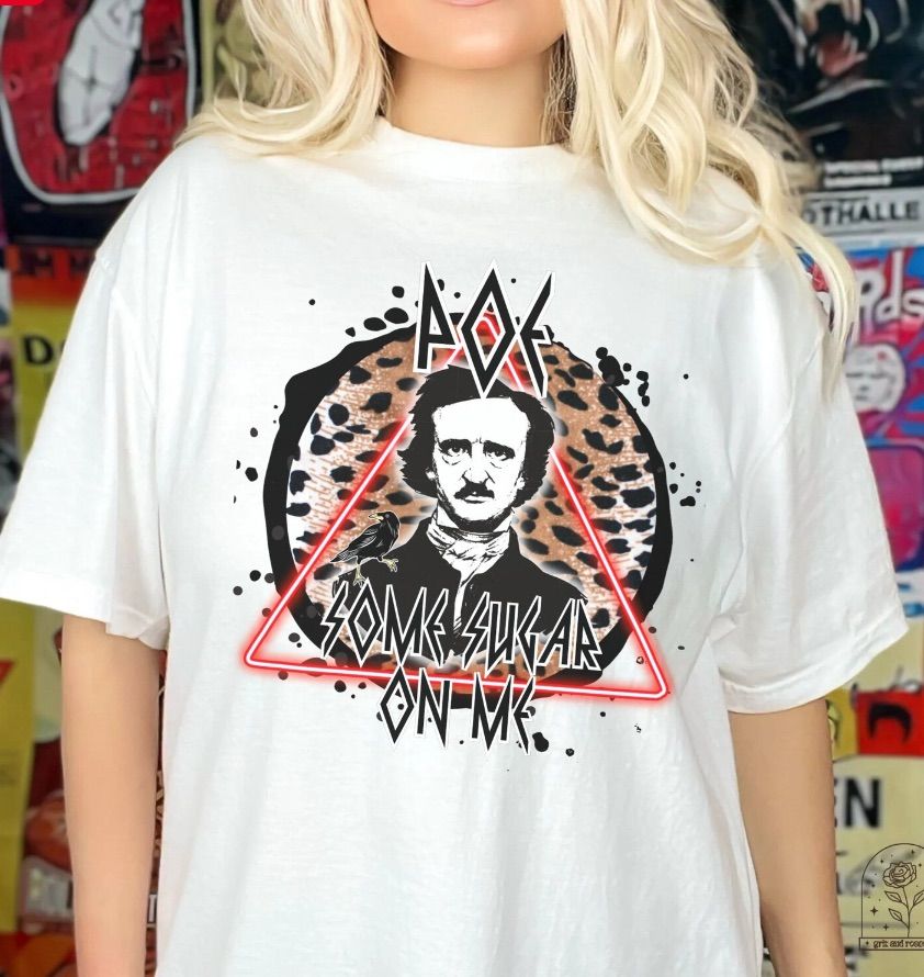 Image of a white t-shirt styled like a 90s rock show shirt, featuring Edgar Allen Poe. 