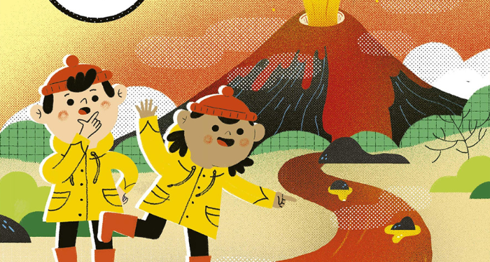 a cropped cover of Volcanoes and Earthquakes: Geo Detectives showing cartoon kids pointing at a river of lava beside a volcano