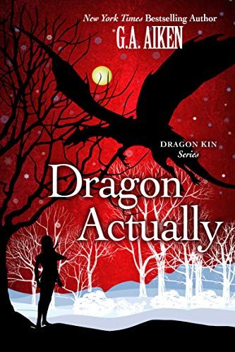 cover of Dragon Actually (Dragon Kin) by G.A. Aiken; red with black outline of a person on the ground and a dragon in the air