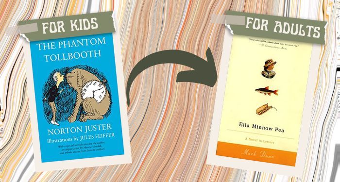 A graphic connecting the cover of The Phantom Tollbooth to Ella Minnow Pea