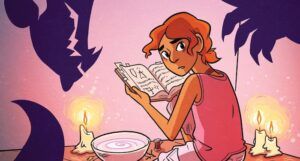 the cropped cover of Witch Boy, showing a kid reading a spellbook and looking over their shoulder with a shadow of a dragon in the background