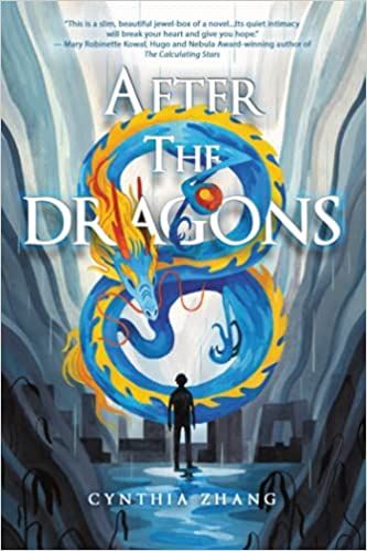 cover of After the Dragons by Cynthia Zhang; illustration of person standing in front of a large yellow and blue emblem of a dragon